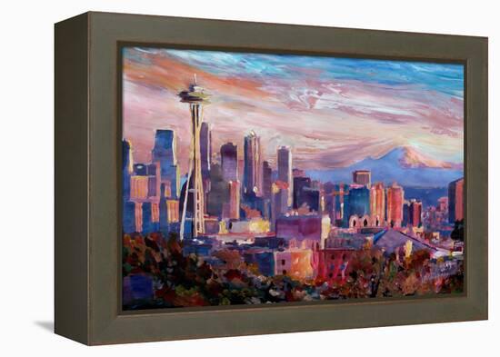 Seattle Skyline with Space Needle and Mt Rainier-Martina Bleichner-Framed Stretched Canvas