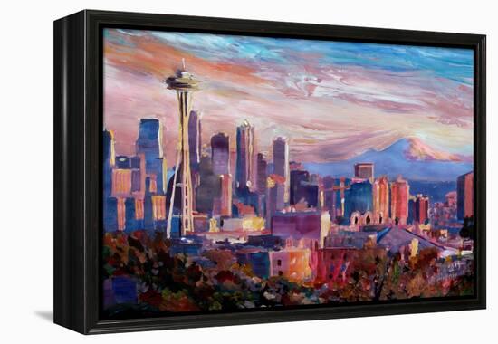 Seattle Skyline with Space Needle and Mt Rainier-Martina Bleichner-Framed Stretched Canvas