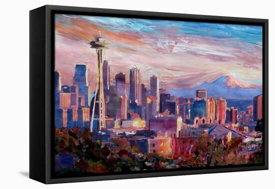 Seattle Skyline with Space Needle and Mt Rainier-Martina Bleichner-Framed Stretched Canvas
