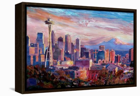 Seattle Skyline with Space Needle and Mt Rainier-Martina Bleichner-Framed Stretched Canvas