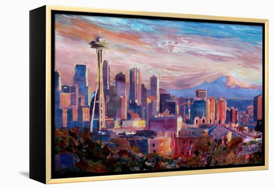 Seattle Skyline with Space Needle and Mt Rainier-Martina Bleichner-Framed Stretched Canvas