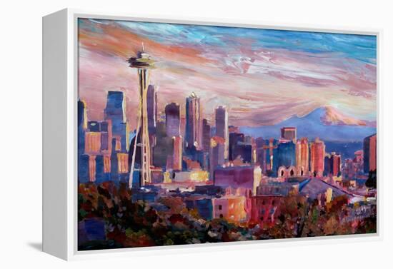 Seattle Skyline with Space Needle and Mt Rainier-Martina Bleichner-Framed Stretched Canvas