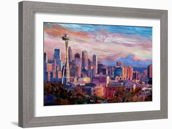 Seattle Skyline with Space Needle and Mt Rainier-Martina Bleichner-Framed Premium Giclee Print