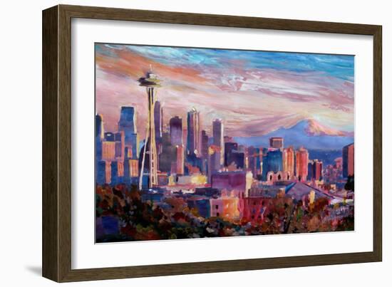 Seattle Skyline with Space Needle and Mt Rainier-Martina Bleichner-Framed Premium Giclee Print