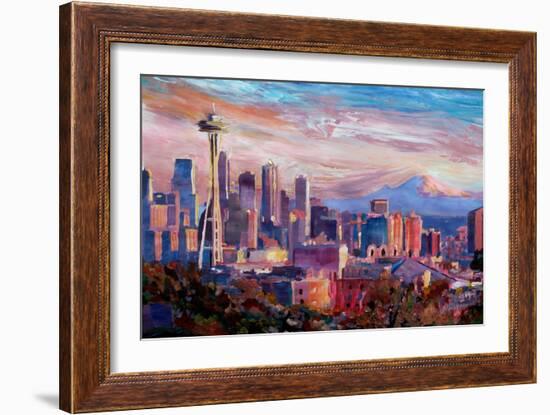 Seattle Skyline with Space Needle and Mt Rainier-Martina Bleichner-Framed Premium Giclee Print