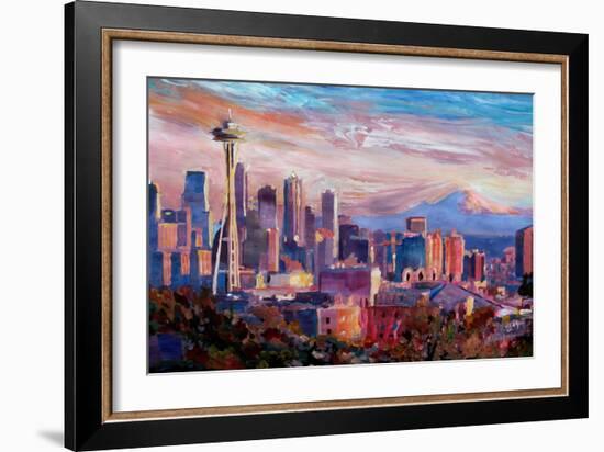 Seattle Skyline with Space Needle and Mt Rainier-Martina Bleichner-Framed Premium Giclee Print