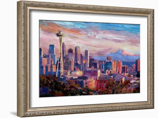 Seattle Skyline with Space Needle and Mt Rainier-Martina Bleichner-Framed Art Print