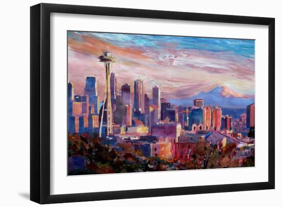 Seattle Skyline with Space Needle and Mt Rainier-Martina Bleichner-Framed Art Print