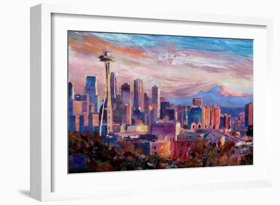 Seattle Skyline with Space Needle and Mt Rainier-Martina Bleichner-Framed Art Print