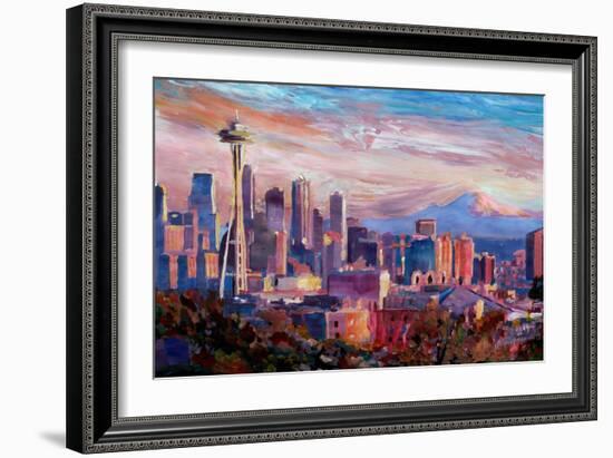 Seattle Skyline with Space Needle and Mt Rainier-Martina Bleichner-Framed Art Print