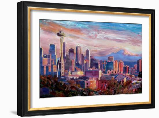 Seattle Skyline with Space Needle and Mt Rainier-Martina Bleichner-Framed Art Print