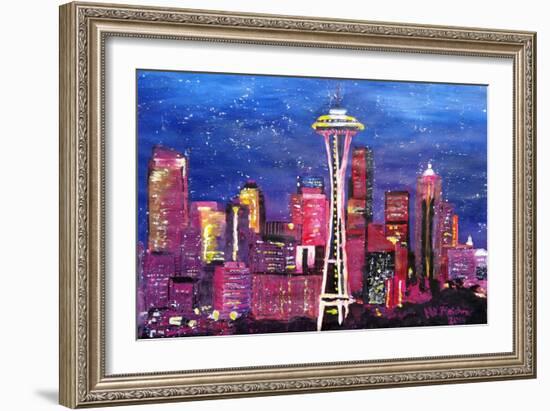 Seattle Skyline with Space Needle at Night-Martina Bleichner-Framed Art Print