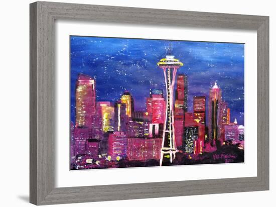 Seattle Skyline with Space Needle at Night-Martina Bleichner-Framed Art Print