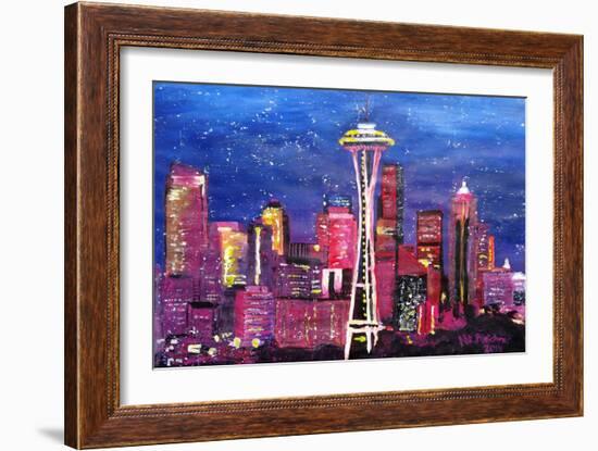 Seattle Skyline with Space Needle at Night-Martina Bleichner-Framed Art Print