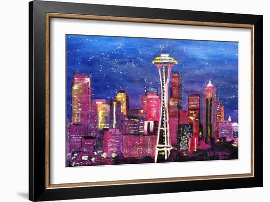 Seattle Skyline with Space Needle at Night-Martina Bleichner-Framed Art Print