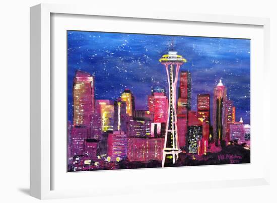 Seattle Skyline with Space Needle at Night-Martina Bleichner-Framed Art Print