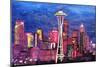 Seattle Skyline with Space Needle at Night-Martina Bleichner-Mounted Art Print