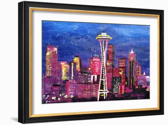 Seattle Skyline with Space Needle at Night-Martina Bleichner-Framed Art Print