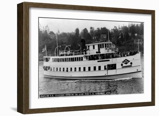 Seattle, WA - SS Sightseer Ship Entering Puget Sound from Ballard Locks-Lantern Press-Framed Art Print