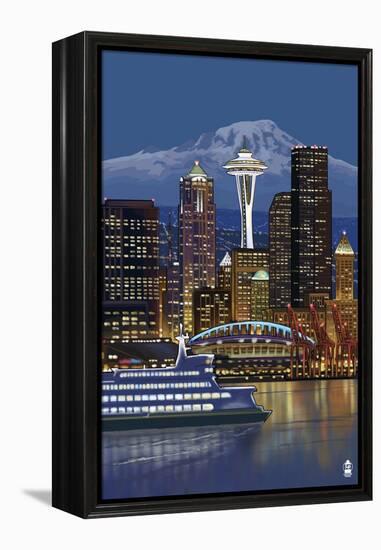 Seattle, Washington at Night - Image Only-Lantern Press-Framed Stretched Canvas