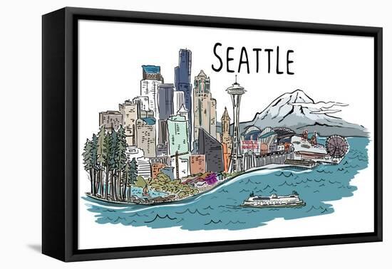 Seattle, Washington - Cityscape - Line Drawing-Lantern Press-Framed Stretched Canvas