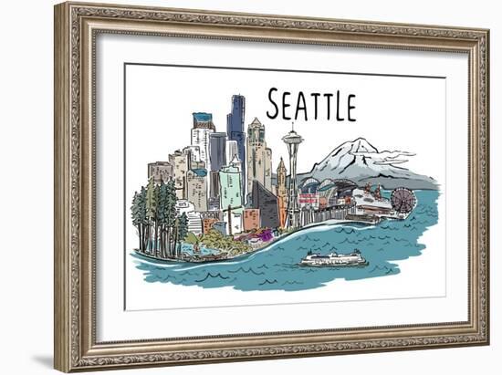 Seattle, Washington - Cityscape - Line Drawing-Lantern Press-Framed Art Print