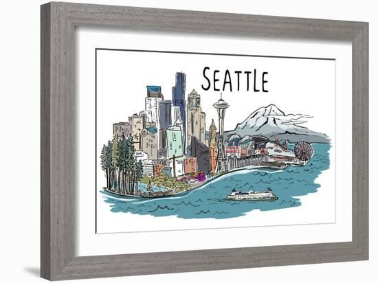 Seattle, Washington - Cityscape - Line Drawing-Lantern Press-Framed Art Print
