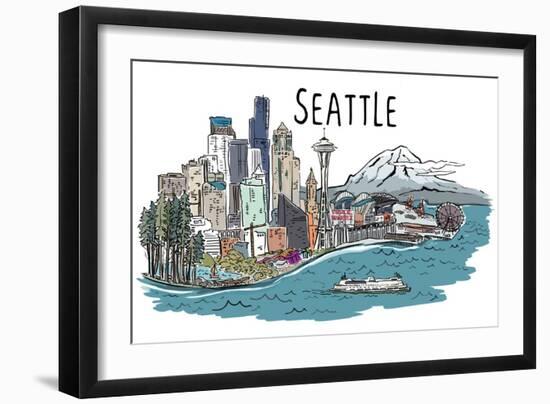 Seattle, Washington - Cityscape - Line Drawing-Lantern Press-Framed Art Print