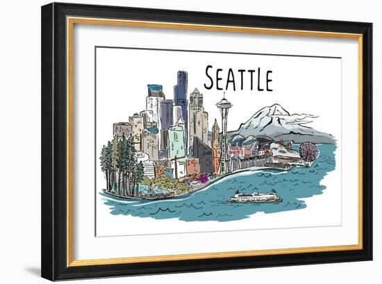 Seattle, Washington - Cityscape - Line Drawing-Lantern Press-Framed Art Print