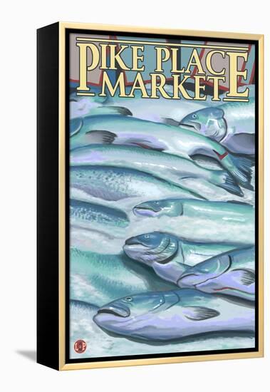 Seattle, Washington - Fish on Ice at Pike Place Market-Lantern Press-Framed Stretched Canvas