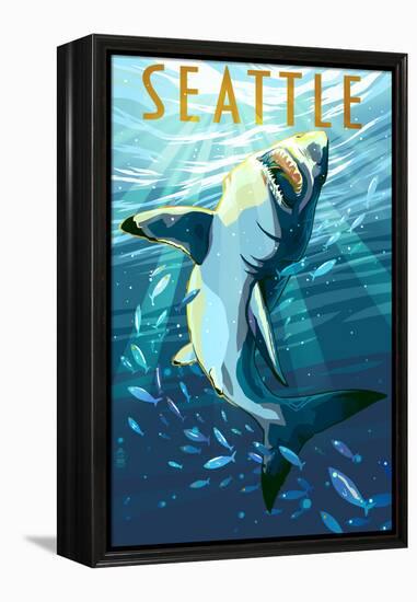 Seattle, Washington - Great White Shark-Lantern Press-Framed Stretched Canvas