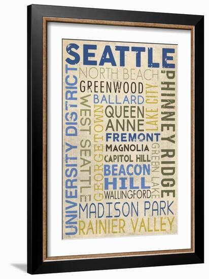 Seattle, Washington - Neighborhoods Typography-Lantern Press-Framed Art Print