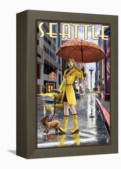 Seattle, Washington - Rainy Day Girl-Lantern Press-Framed Stretched Canvas