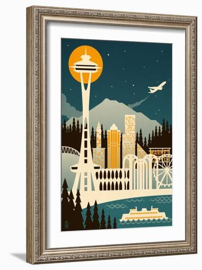 Seattle, Washington - Retro Skyline (no text)-Lantern Press-Framed Art Print