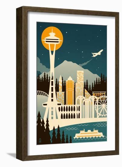 Seattle, Washington - Retro Skyline (no text)-Lantern Press-Framed Art Print