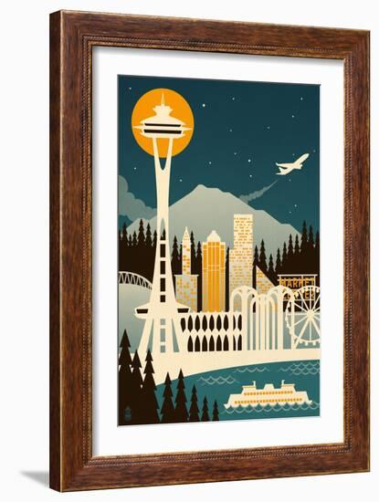 Seattle, Washington - Retro Skyline (no text)-Lantern Press-Framed Art Print