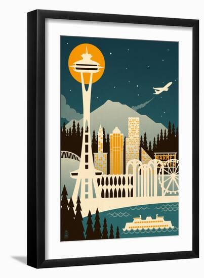 Seattle, Washington - Retro Skyline (no text)-Lantern Press-Framed Art Print