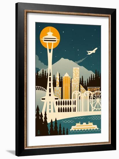 Seattle, Washington - Retro Skyline (no text)-Lantern Press-Framed Art Print