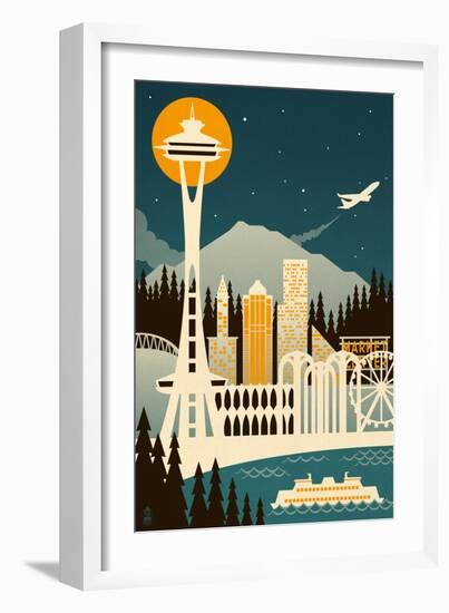 Seattle, Washington - Retro Skyline (no text)-Lantern Press-Framed Art Print