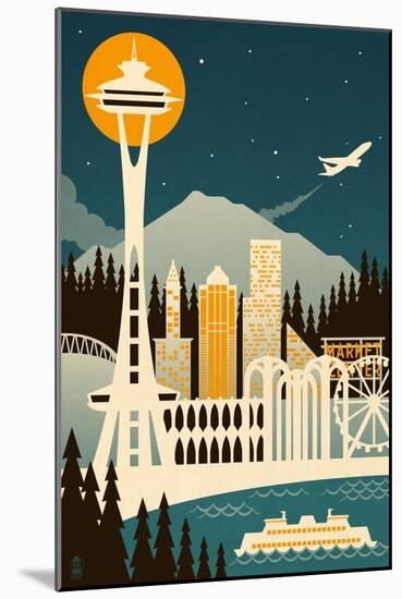 Seattle, Washington - Retro Skyline (no text)-Lantern Press-Mounted Art Print