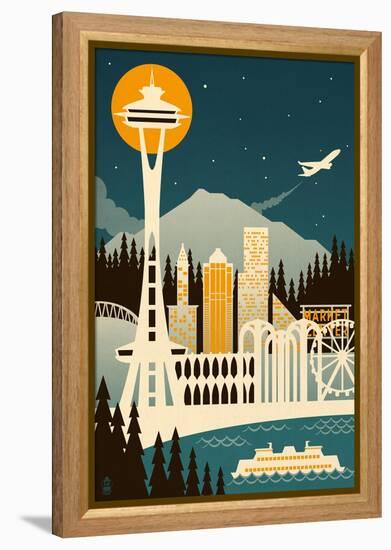 Seattle, Washington - Retro Skyline (no text)-Lantern Press-Framed Stretched Canvas