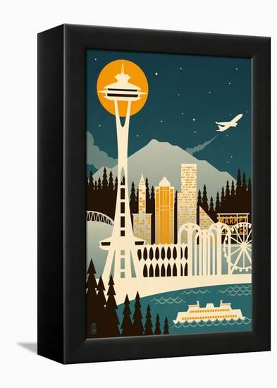 Seattle, Washington - Retro Skyline (no text)-Lantern Press-Framed Stretched Canvas