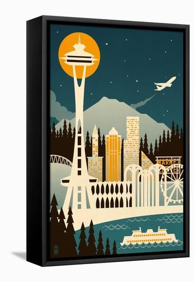 Seattle, Washington - Retro Skyline (no text)-Lantern Press-Framed Stretched Canvas