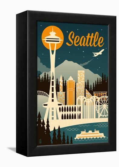 Seattle, Washington - Retro Skyline-Lantern Press-Framed Stretched Canvas