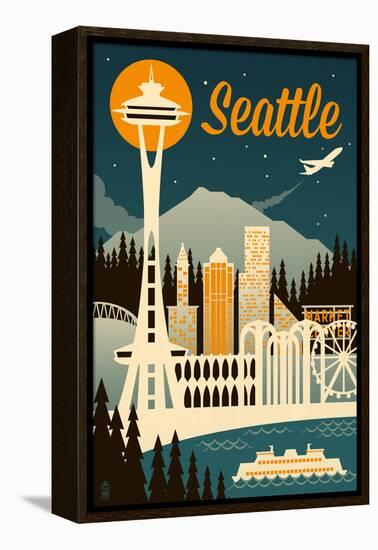 Seattle, Washington - Retro Skyline-Lantern Press-Framed Stretched Canvas