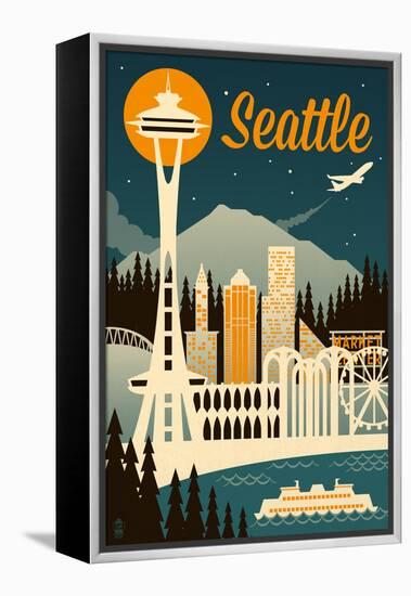 Seattle, Washington - Retro Skyline-Lantern Press-Framed Stretched Canvas