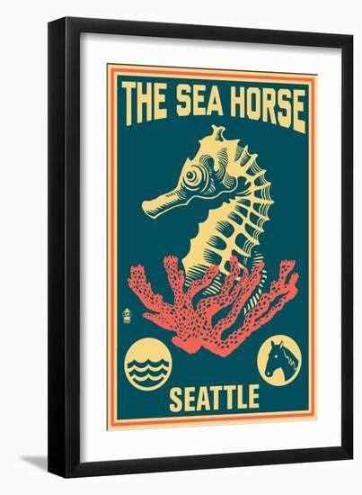 Seattle, Washington - Seahorse Woodblock (Blue and Pink)-Lantern Press-Framed Art Print