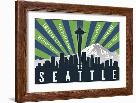 Seattle, Washington - Skyline and Mountain - Graphic Typography-Lantern Press-Framed Art Print