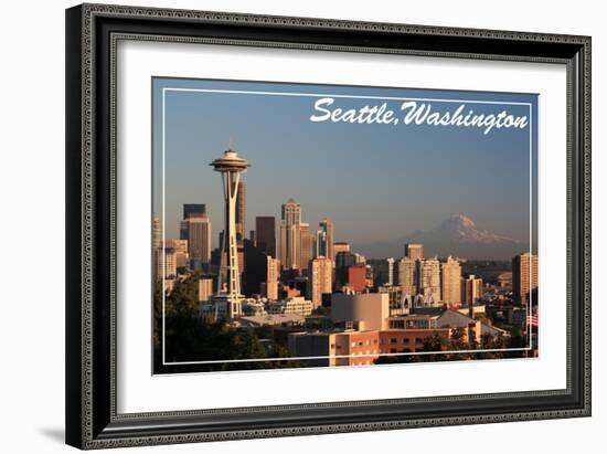 Seattle, Washington - Skyline and Rainier-Lantern Press-Framed Art Print