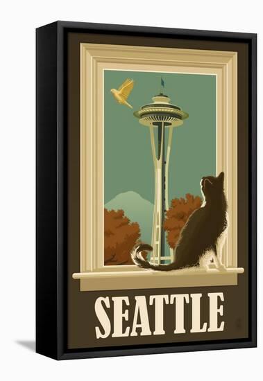 Seattle, Washington - Space Needle and Cat Window-Lantern Press-Framed Stretched Canvas